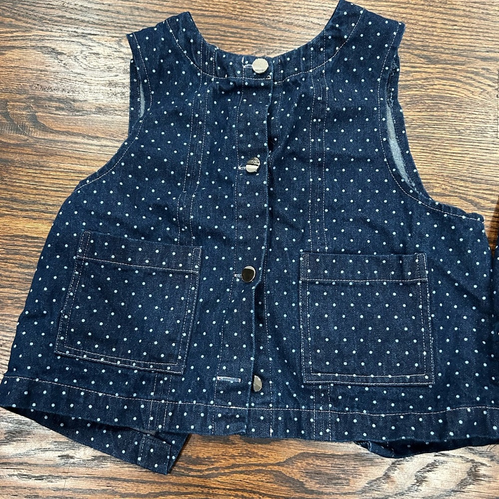 Blue Jean top and skirt set. Blue with white small polka dots.